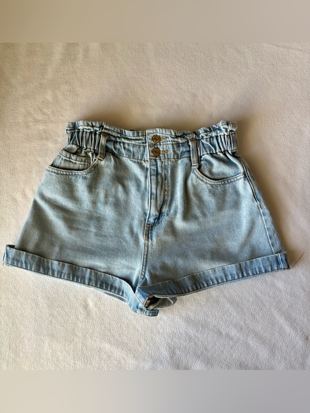 Forever 21 Light Blue High-Waist Paperbag Denim Shorts